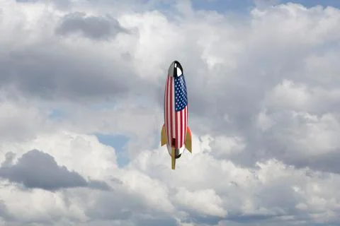 Rocket with flag of the USA in the sky. Stock Illustration