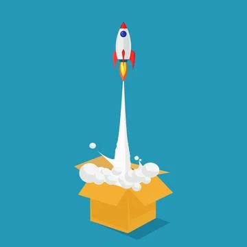 The rocket flew out of the box into the sky. think outside the box Illustrazione stock