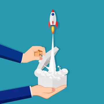 The rocket flew out of the box into the sky. think outside the box イラスト素材