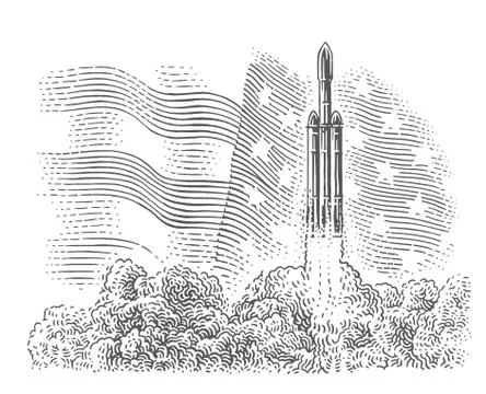 Rocket flies up in front of american flag  engraving style concept illustration. Stock Illustration