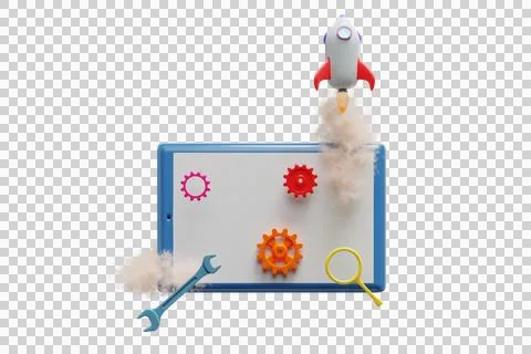 The rocket flies out of the screen of the tablet with gears. SEO performance. Illustrazione stock