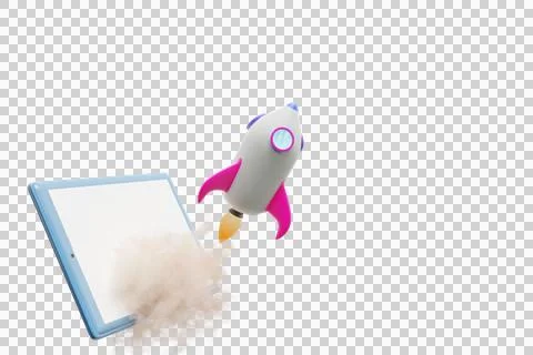 The rocket flies out of the tablet screen. SEO performance. Illustrazione stock