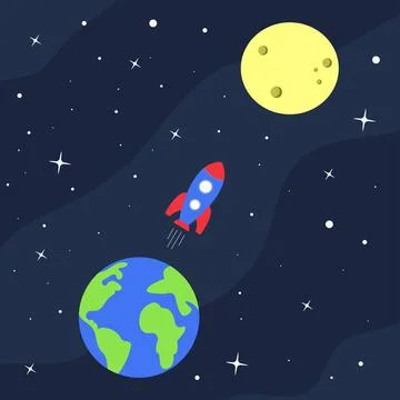The rocket flies over the Earth to the Moon. Space background with stars Stock Illustration