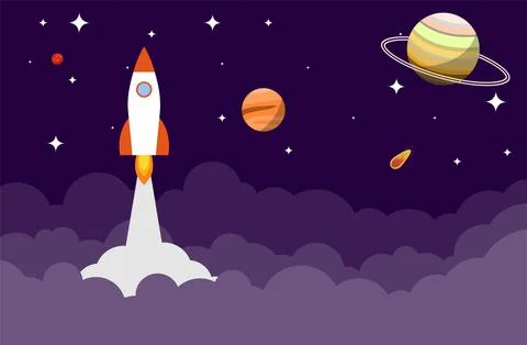 The rocket flies in space to the stars and planets. New startup concept. Stock Illustration