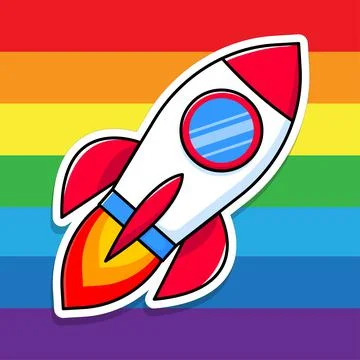 Rocket flies on a striped multicolored background. Cartoon sticker. LGBT Pride Illustrazione stock