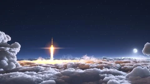 Rocket flies through the clouds on moonlight Stock Illustration