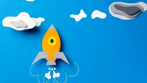 Rocket flies through the clouds, stop motion animation. Paper art. Stock Footage 120421220