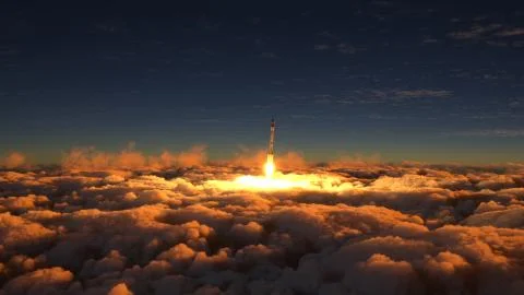 Rocket flies through the clouds on sunset Stock Illustration