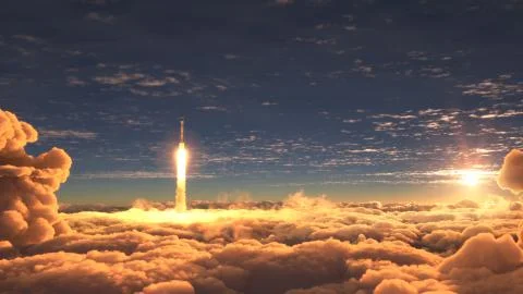 Rocket flies through the clouds on sunset Stock Illustration
