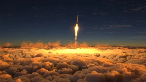 Rocket flies through the clouds on sunset Stock Illustration
