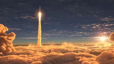 Rocket flies through the clouds at sunset Stock Illustration