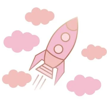 A rocket in flight and clouds. gold lines with pink Stock Illustration