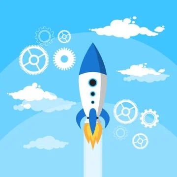 Rocket Fly Blue Sky Clouds Flat Vector Stock Illustration