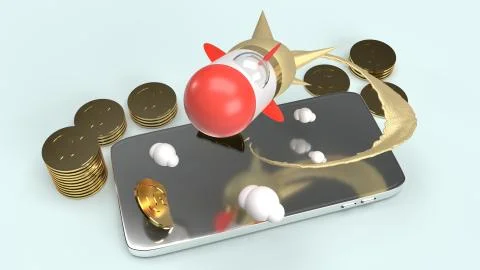 Rocket fly on mobile phone 3d rendering for startup content.. Stock Illustration