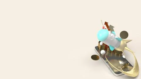 Rocket fly on mobile phone 3d rendering for startup content.. Stock Illustration