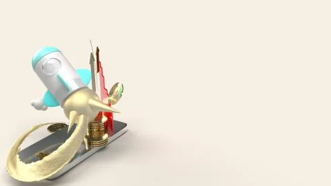 Rocket fly on mobile phone 3d rendering for startup content.. Stock Illustration