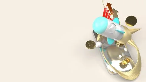 Rocket fly on mobile phone 3d rendering for startup content.. Stock Illustration