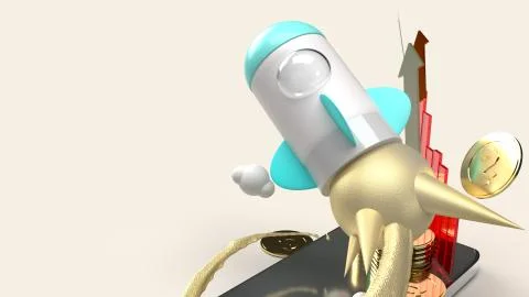 Rocket fly on mobile phone 3d rendering for startup content.. Stock Illustration
