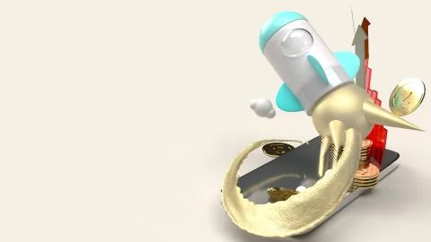 Rocket fly on mobile phone 3d rendering for startup content.. Stock Illustration