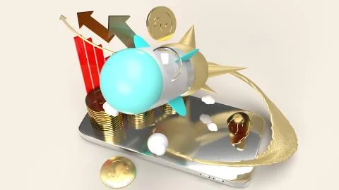 Rocket fly on mobile phone 3d rendering for startup content.. Stock Illustration