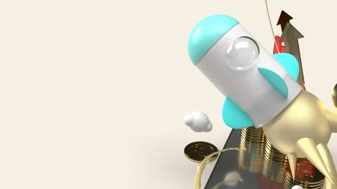 Rocket fly on mobile phone 3d rendering for startup content.. Stock Illustration