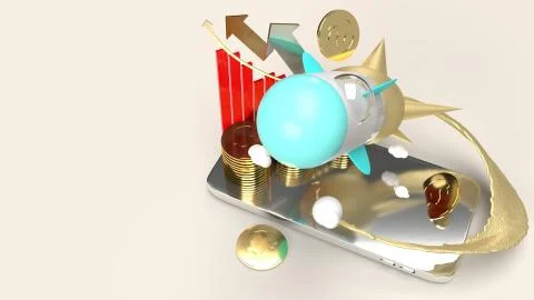 Rocket fly on mobile phone 3d rendering for startup content.. Stock Illustration