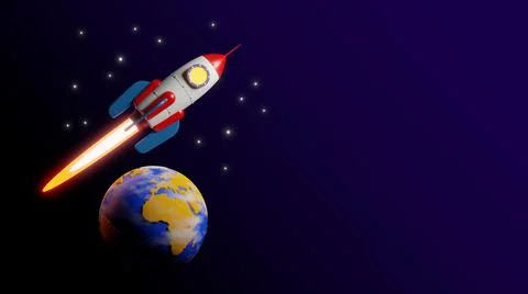 Rocket fly over the earth - 3d Flyer template Stock Illustration