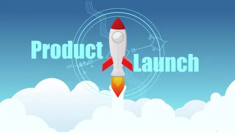 Rocket fly in the sky for product launch  concept flat style illustration Stock Illustration