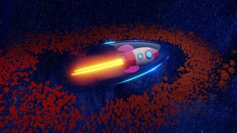 Rocket flying among the asteroids Stock Illustration