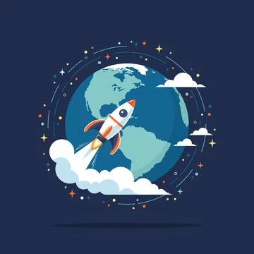 Rocket flying around Earth globe in space, flat vector illustration Stock Illustration