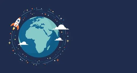 Rocket flying around Earth globe in space, copy space. Vector illustration Stock Illustration