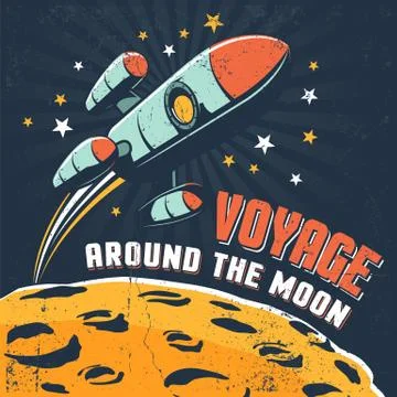 Rocket flying around moon orbit Stock Illustration