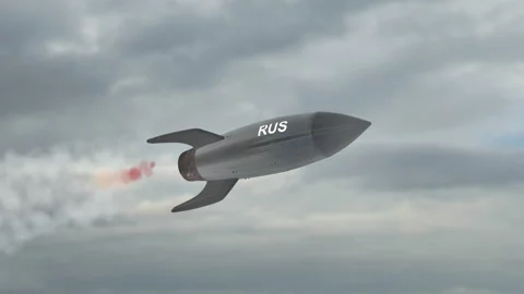 A rocket is flying in the black sky. Flag of Russia. Weapons of mass destruction Stock Footage 150866206
