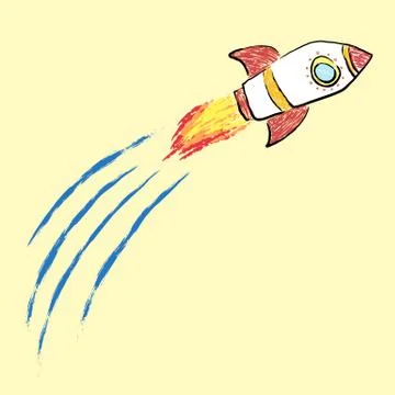 Rocket Flying Doodle Crayon Style Drawing Stock-Illustration