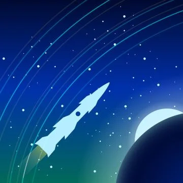 The rocket is flying in the Earth's orbit. It is visible to the Earth, the Mo Stock Illustration