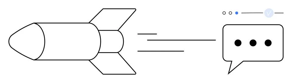 Rocket flying forward next to a speech bubble with three ellipses, indicating Stock Illustration