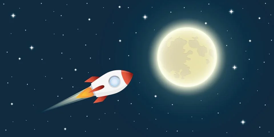 Rocket is flying to the full moon in space Illustrazione stock