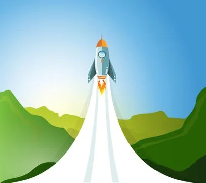 Rocket flying from a green mountain landscape. 스톡 일러스트