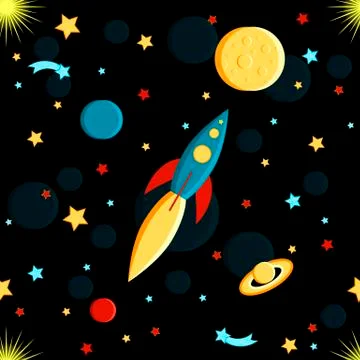 Rocket flying to the moon. Sun, Saturn, Earth, other planets, stars, comets,  Ilustração Stock