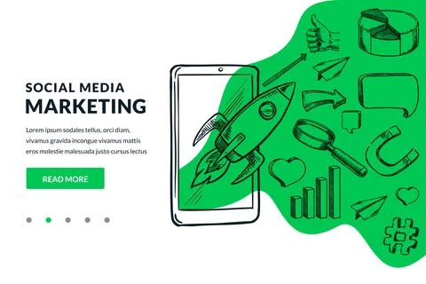 Rocket flying out smartphone screen and social media marketing symbols. Vec.. Stock Illustration