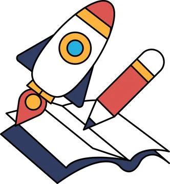 A rocket is flying over a book with a pencil on it Stock Illustration