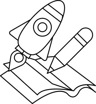 A rocket is flying over a book with a pencil on it Stock Illustration