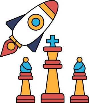 A rocket is flying over a chessboard with a king and two pawns Stock Illustration