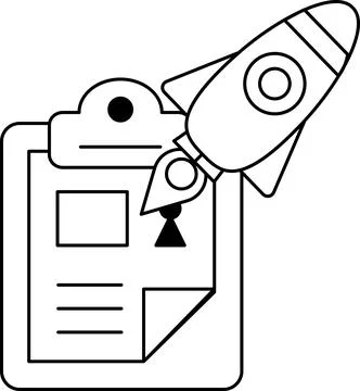A rocket is flying over a clipboard with a key on it Stock Illustration