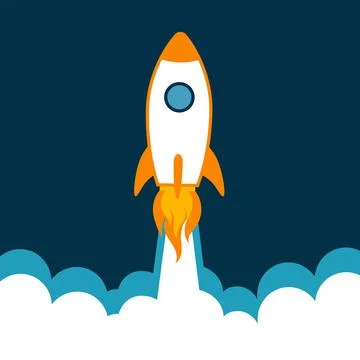 Rocket flying over cloud. Rocket launch icon. Vector illustration with flying Stock Illustration