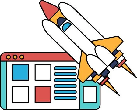 A rocket is flying over a computer screen イラスト素材