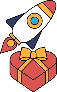 A rocket is flying over a heart shaped box Stock Illustration