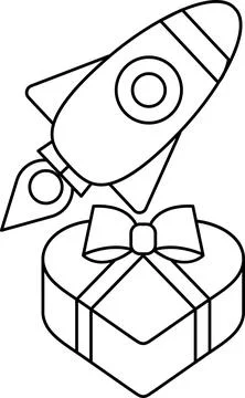 A rocket is flying over a heart shaped box Stock Illustration