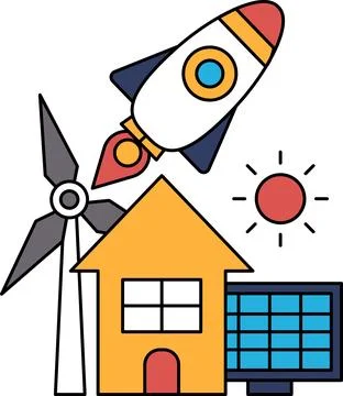 A rocket is flying over a house and a windmill Stock Illustration