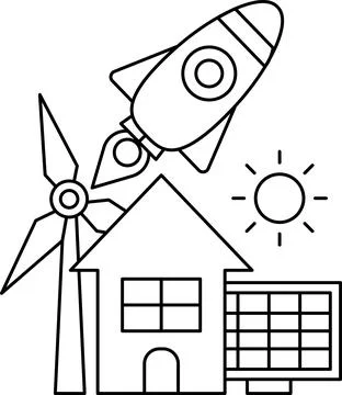 A rocket is flying over a house and a windmill Stock Illustration